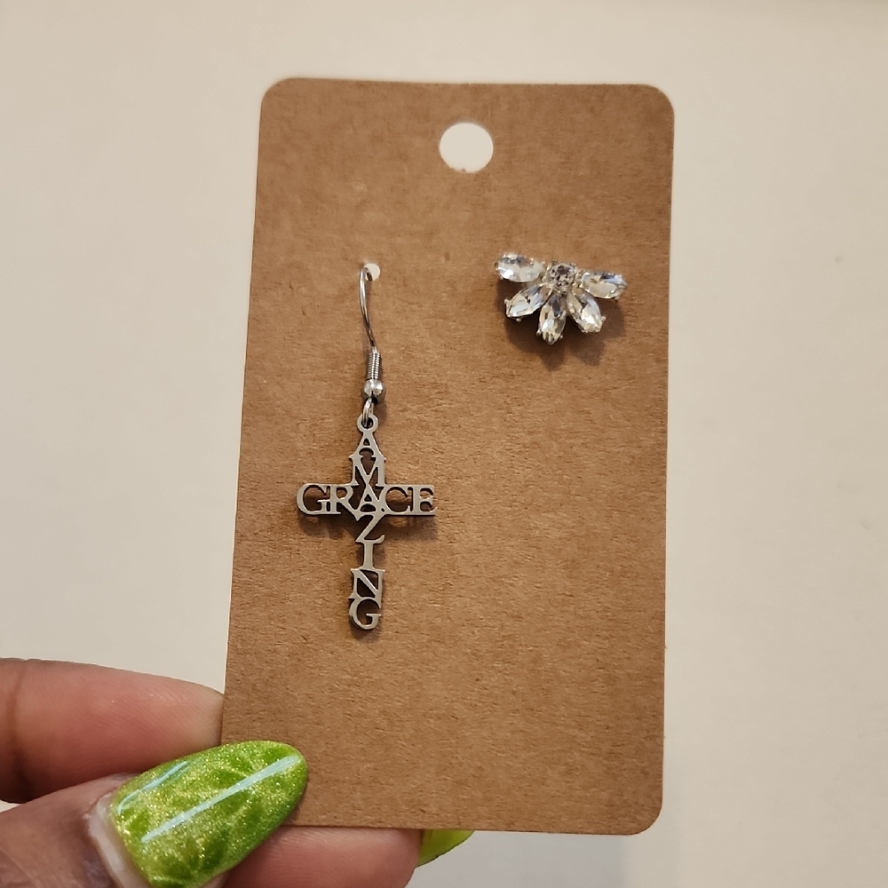 Silver 'Amazing Grace' Cross Dangle Earring with Crystal Stud Mix & Match